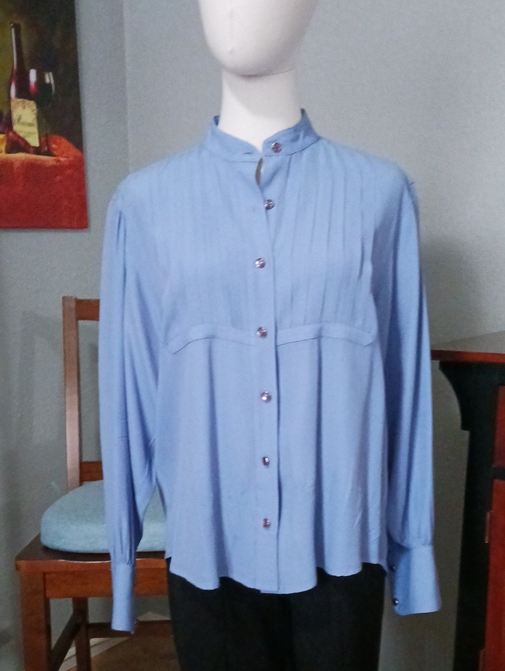 Vintage- Desert West- Women's Light Blue Mandarin Collar Puff Sleeves